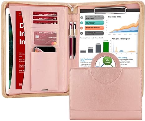 YUHE Custom Zippered Leather Padfolio Portfolio with Hidden Handle and Clipboard