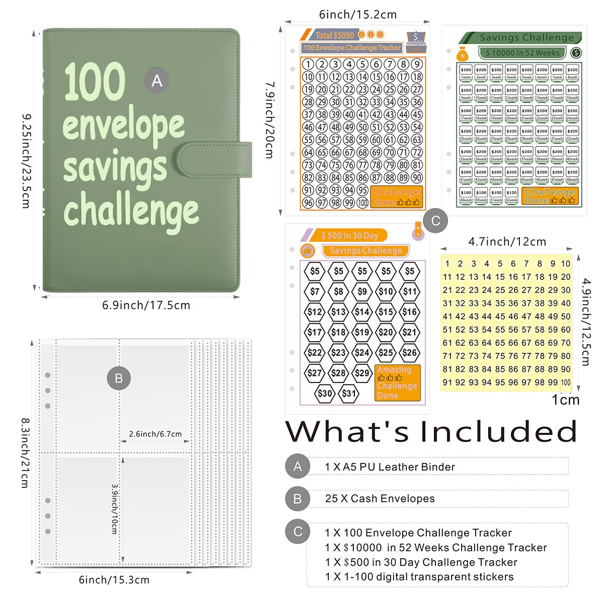 YUHE Custom 100 Envelope Challenge Binder, Leather 52 Week Money Saving Challenge Binder
