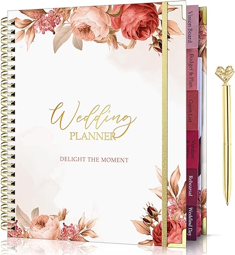 Fully Customize Inside Pages and Cover Wedding Planner Book with Golden Heart Pen