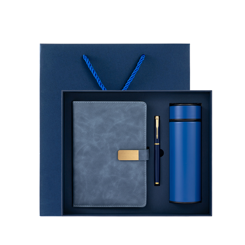 Custom Leather Note Book+ Mug+Pen In Gift Box All in Blue Color with One Color Logo Printed