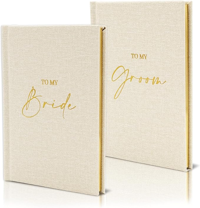 Ivory Pocket Sized Foil Embossed Wedding Ceremony Custom Set of 2 Linen Hard Cover Vow Books