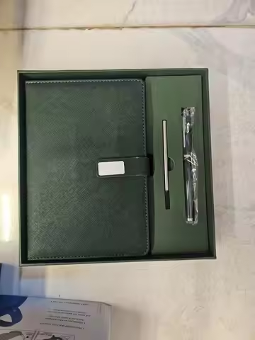 Employee Gift Set Women Custom Debossed Logo Dark Green Leather Notebook Journal with Pen Box Set