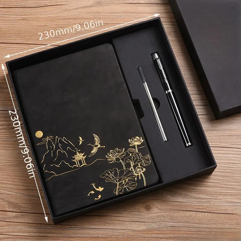 Christmas Gift Set Custom Black Leather Notebook and Pen Set Come With a Gift Bag